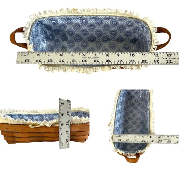 Longaberger Cracker Basket Blue & Cream Liners Plastic Protector Leather Handles - Picture 5 of 12